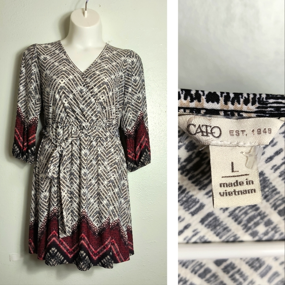Cato Faux Wrap Midi Dress Size L Geo Tie Waist - Elbow Sleeve Casual